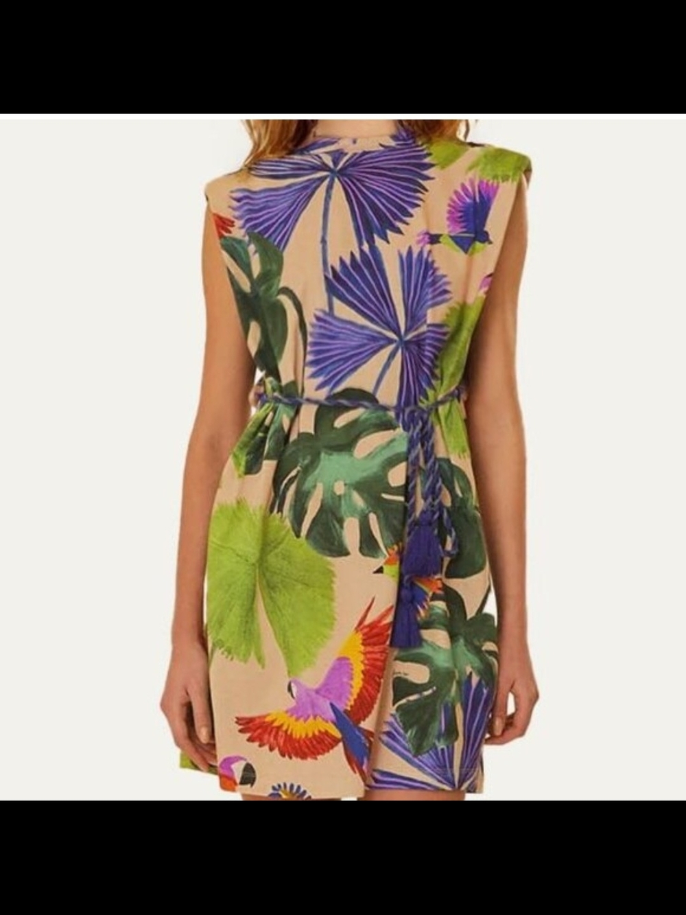 FARM Rio Macaw Print Tropical Mini Dress in Beige, Green & Purple